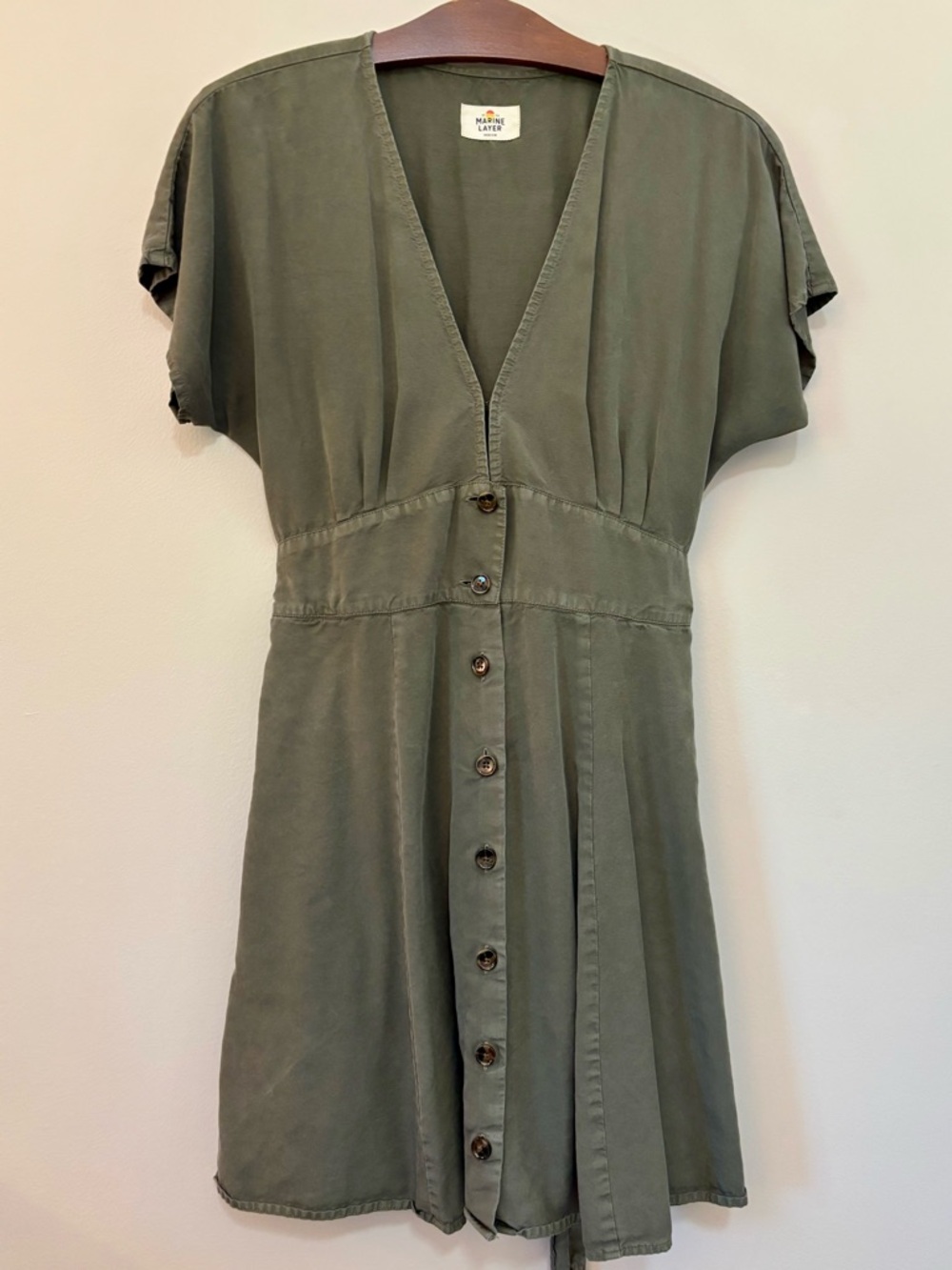 Marine Layer Olive Green V-Neck Button Mini Dress